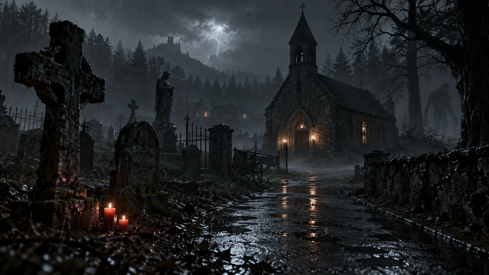 Gece sisinin örttüğü mezarlık ve kilise