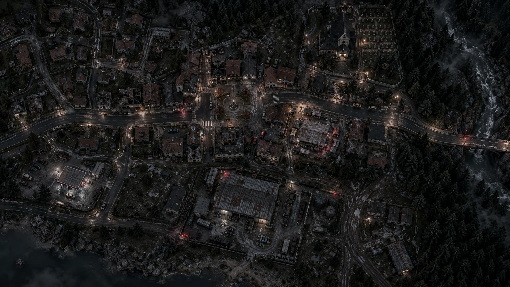 Üstten görünüşlü kasaba: yollar, evler, kilise, mezarlık, benzinlik, market, depo ve orman